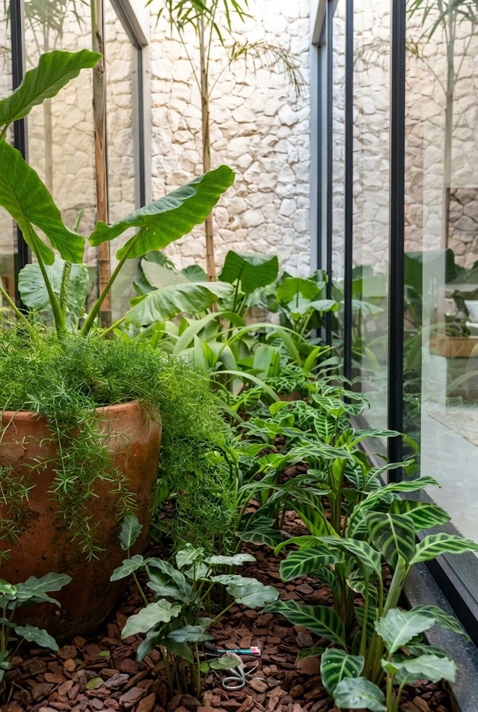 Jardim interno com folhagens tropicais, vaso de barro com aspargo e casca de pinus junto à parede de pedra